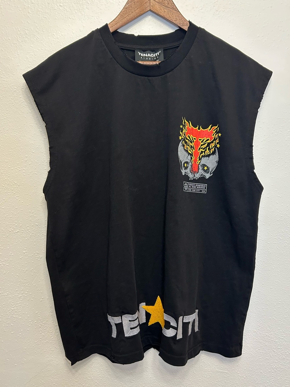 Tenaciti Studios Black Skull and Fire Embroidered Distressed Muscle Tank Top